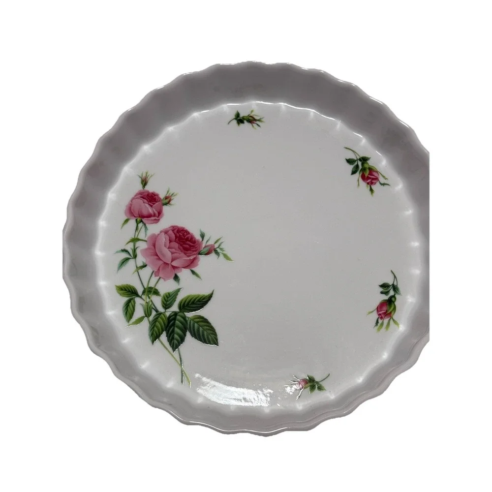 Pretty Pink Rose 9.5 Porcelain Fluted Quiche Tart Dish Christineholm VTG Cottage